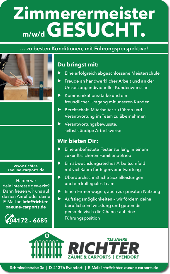 Wir brauchen Verstärkung und suchen einen Zimmerermeister m/w/d